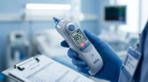 Digital thermometer displaying fever
