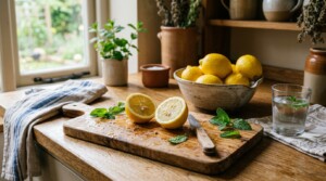 A rustic kitchen scene featuring a bowl of bright yellow lemons. One lemon is cut in half on a wooden cutting board with a glass of water nearby. Fresh mint leaves and a few water droplets are scattered around the board. The lighting is soft and natural.