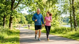 Couple walking sunny park path
