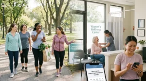 Diverse women practicing breast cancer prevention through exercise healthy eating clinical breast exam and mammogram scheduling