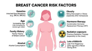 Breast cancer risk factors infographic showing genetics age family history alcohol obesity hormone therapy and radiation exposure icons