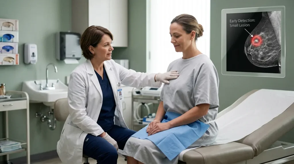 Breast cancer screening early detection with clinician performing breast exam and mammogram showing detected lesion overlay Breast Cancer Risk Factors, Symptoms, Types, and Prevention