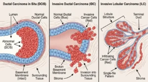 Breast cancer types scientific diagram showing ductal carcinoma in situ invasive ductal carcinoma and lobular carcinoma cell structures